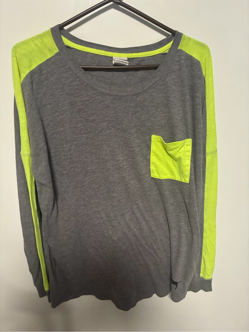 PINK Victoria's Secret Gray Tee with Neon Yellow Trim